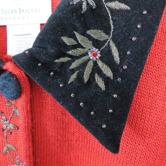 Vtg Susan Bristol Red Cardigan Sweater Embroidered Black Collar Size Large - Picture 4 of 12